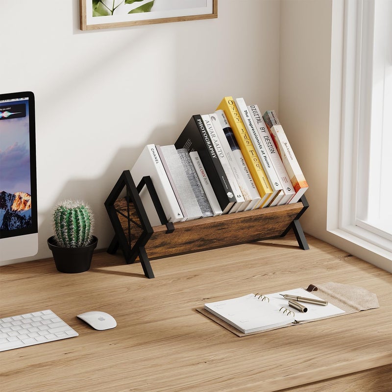 YINMIT Wood Desktop Bookshelf, Retro Tabletop Bookshelf, Desk Shelf for Top of Desk in Living Room, Home, Office, Tilting Bookcase for CDs, Magazine, Books, Home Decor - Image 2